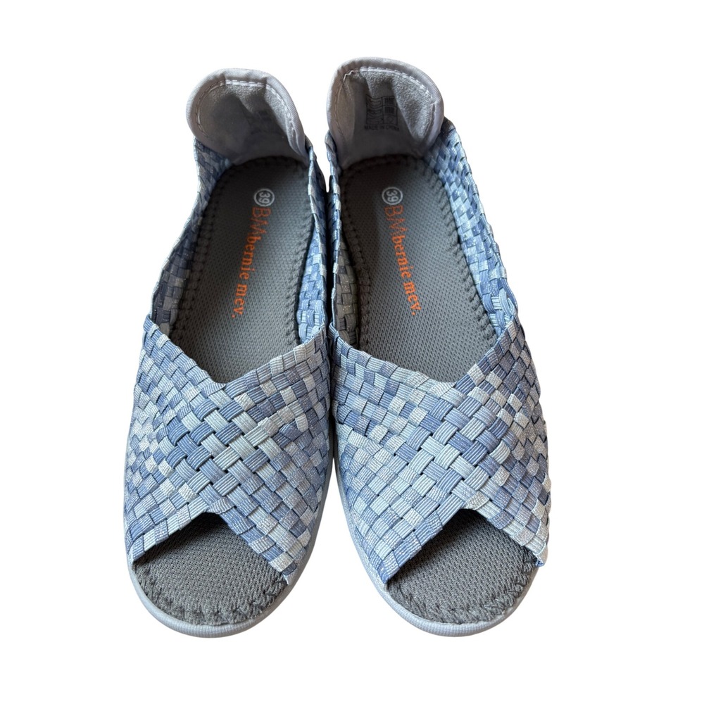 NEW Bernie Mev Woven Elastic Peep Toe Flats Blue Grey Multi Comfort Shoe Size 8